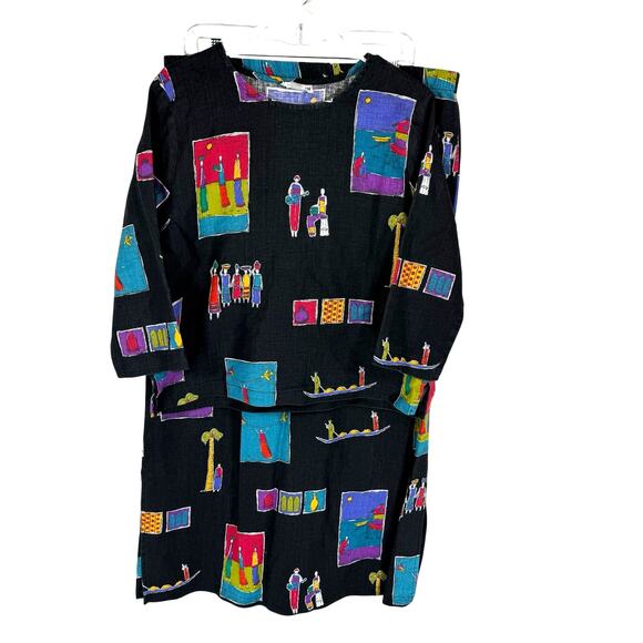 VTG Hot Cotton black tribal linen two piece set skirt blouse african artsy mediu - Picture 1 of 12